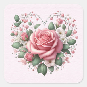 Pink Roses Valentine Heart Square Sticker