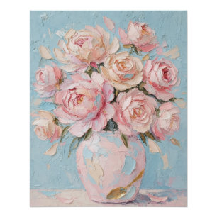 Pink Roses Vase Impasto Oil Painting Art Poster