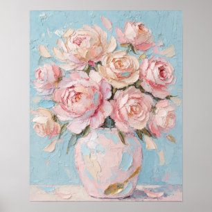 Pink Roses Vase Impasto Oil Painting Art Poster