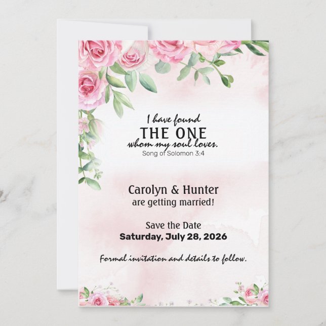 Pink Roses & Verse Save The Date (Front)