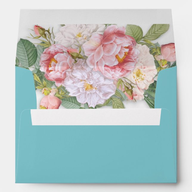 Pink Roses Vintage Elegant Blue Wedding Invitation Envelope (Back (Bottom))