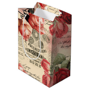Pink Roses Vintage Ephemera Medium Gift Bag