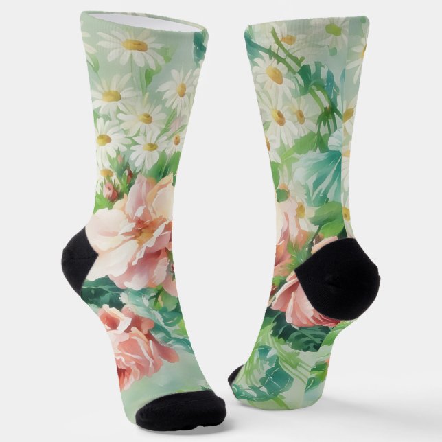 Pink Roses Vintage Style Floral Art Socks (Angled)