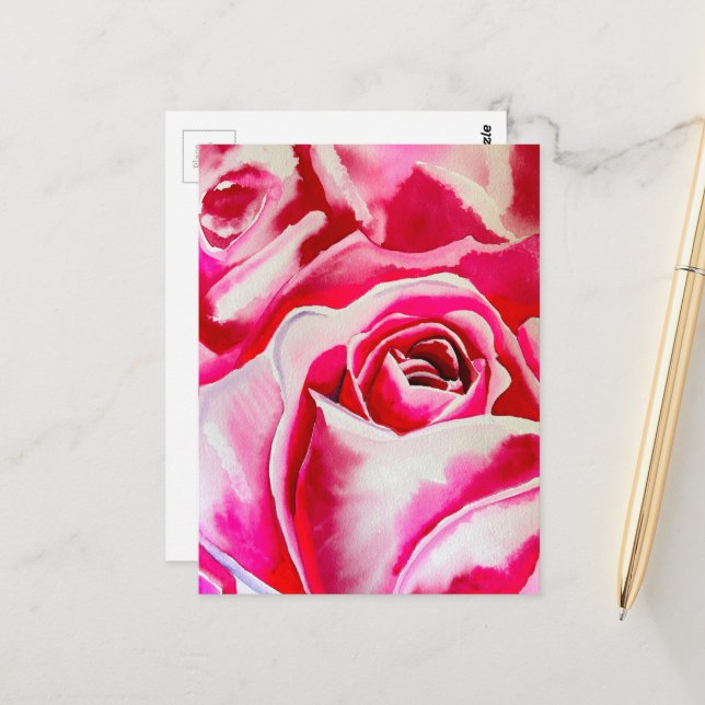 Pink roses watercolor art postcard (Front/Back In Situ)