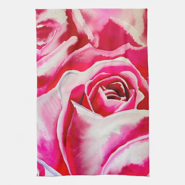 Pink roses watercolor art tea towel (Vertical)