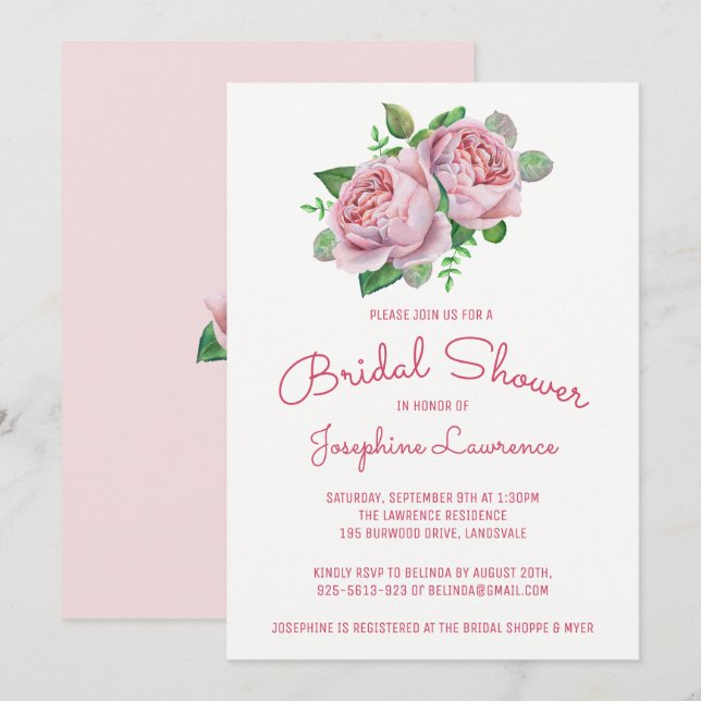 Pink Roses Watercolor Bridal Shower Invitations (Front/Back)