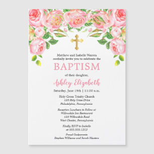 Pink Roses Watercolor Floral Baptism Invitation