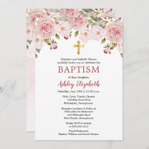Pink Roses Watercolor Floral Baptism Invitation