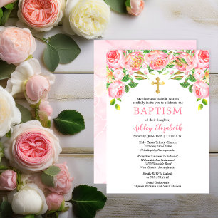 Pink Roses Watercolor Floral Baptism Invitation