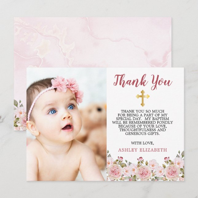 Pink Roses Watercolor Floral Baptism Thank You Card (Front/Back)
