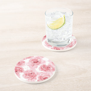 Pink Roses Watercolor Floral Blush Botanical Coaster