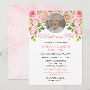 Pink Roses Watercolor Floral Celebration of Life I Invitation