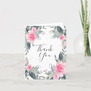 Pink Roses Watercolor Floral Thank You Card