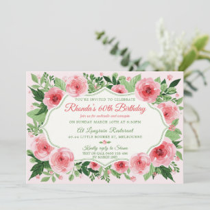 Pink Roses Watercolor Ladies 60th Birthday Invitation