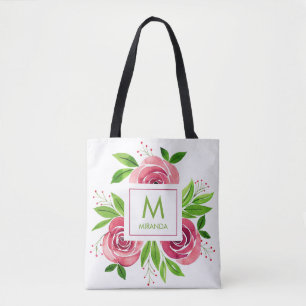 Pink Roses Watercolor Monogram Personalised Tote Bag
