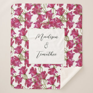 Pink Roses Watercolor Monogrammed Hand-painted Sherpa Blanket