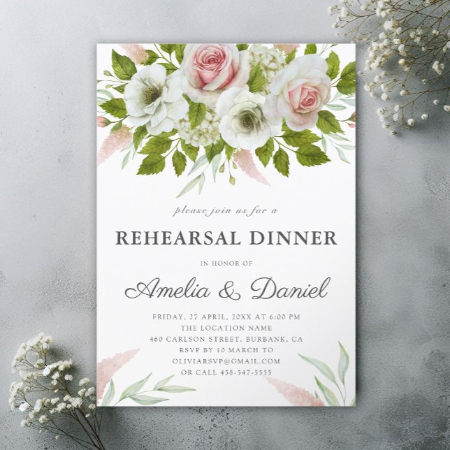 Pink Roses Watercolor Romantic Rehearsal Dinner Invitation (Creator Uploaded)