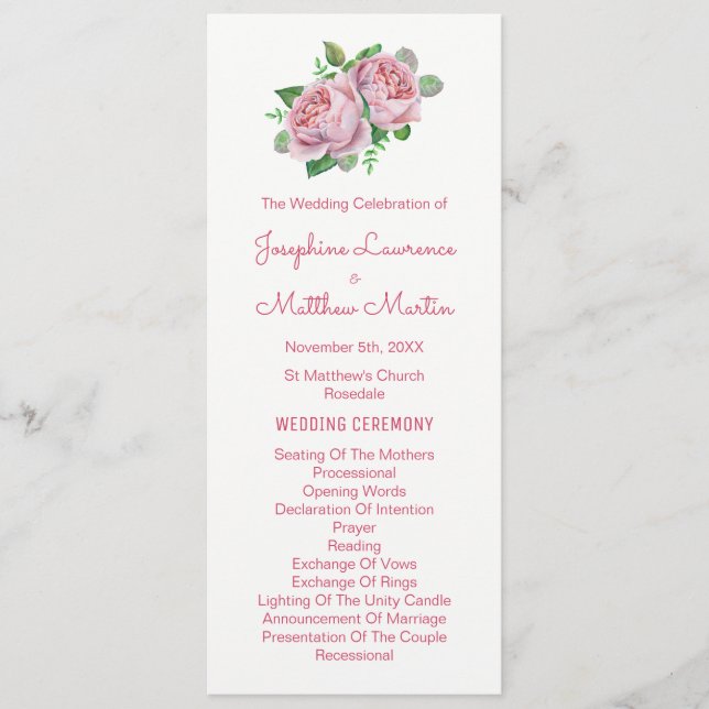 Pink Roses Watercolor Wedding Programs (Front)