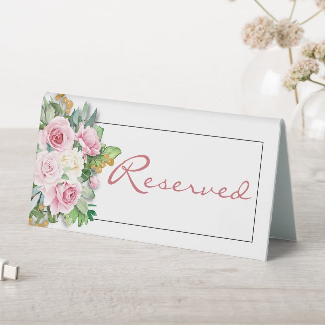 Pink Roses Wedding 6"x3" Reserved Tent Sign (In SItu (Table))