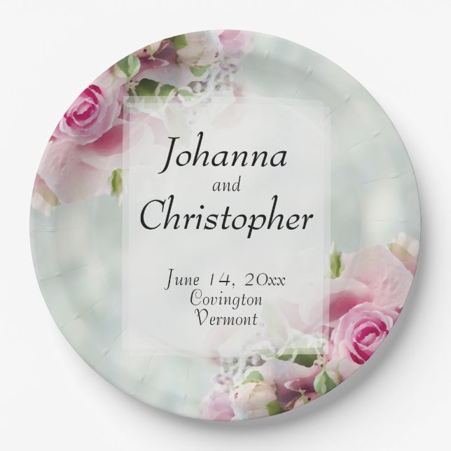 Pink Roses Wedding Paper Plates (Front)