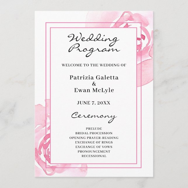 Pink Roses  Wedding Program  (Front)