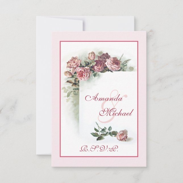Pink Roses wedding RSVP Card (Front)
