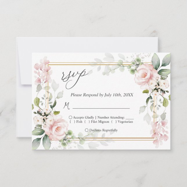 Pink Roses Wedding RSVP Reply Card (Front)