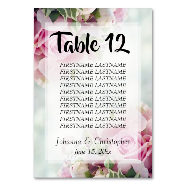 Pink Roses Wedding Table Number with Seating Chart (Front)