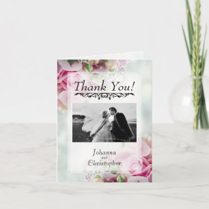 Pink Roses Wedding Thank You Card with Photo