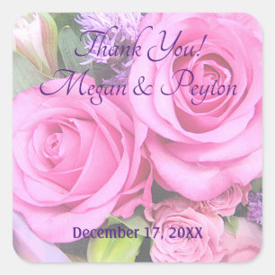 Pink Roses, Wedding Thank You DIY Names & Date Vs2 Square Sticker