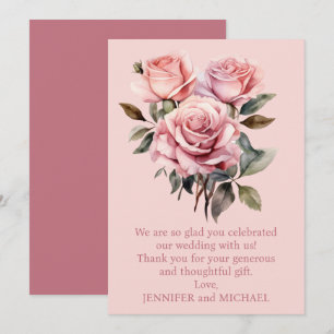 Pink Roses Wedding Thank You Note Card