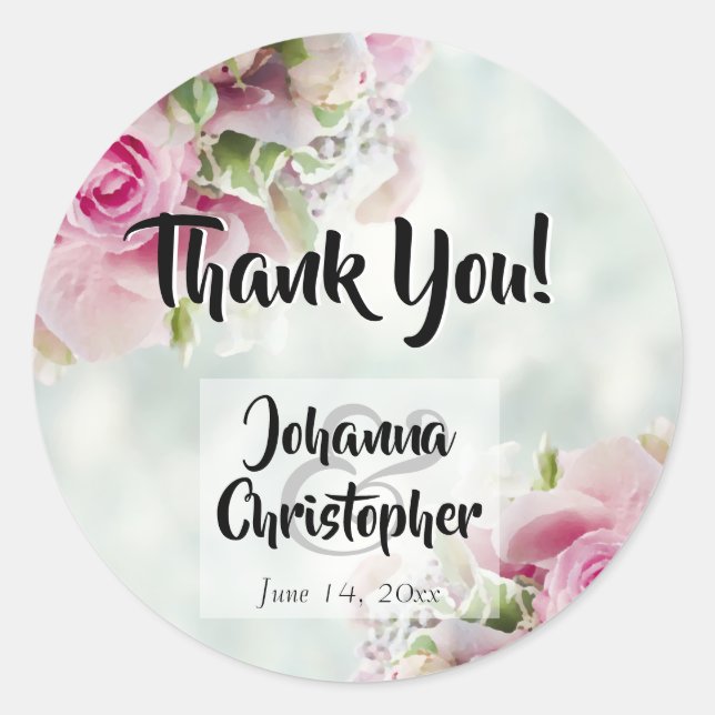 Pink Roses Wedding Thank You Sticker (Front)