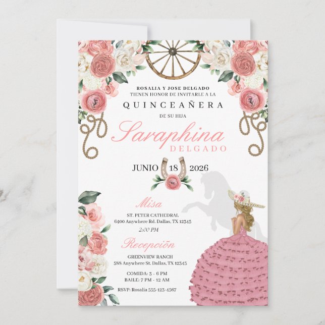 Pink Roses Western Mariachi Cowgirl Quinceañera Invitation (Front)
