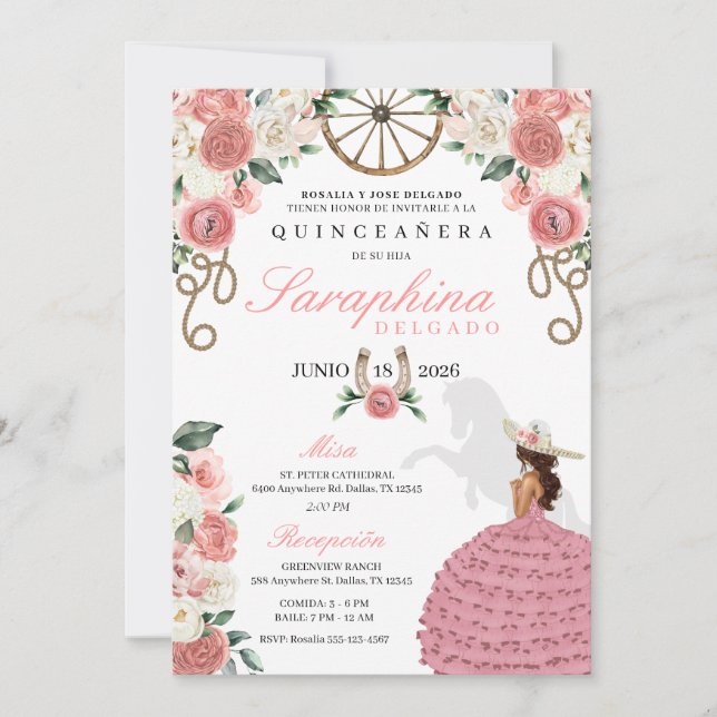 Pink Roses Western Mariachi Cowgirl Quinceañera Invitation (Front)