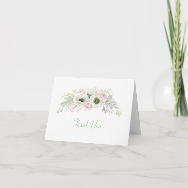 Pink Roses White Anemones Wedding Thank You Card (Front)