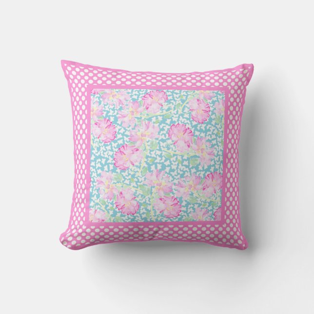 Pink Roses White Butterflies and Polka Dot Border Cushion (Front)