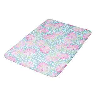 Pink Roses, White Butterflies Blue Bath Mat