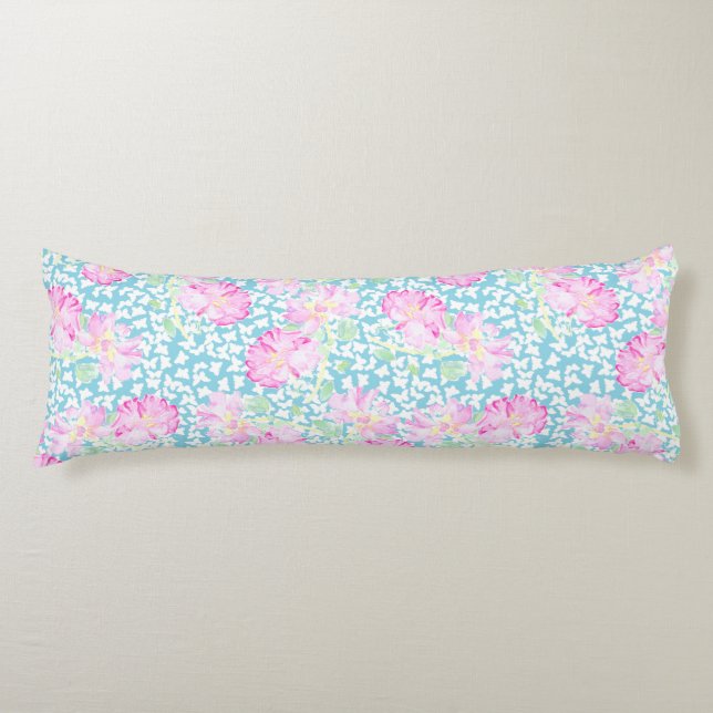 Pink Roses White Butterflies, Blue Body Pillow (Front)
