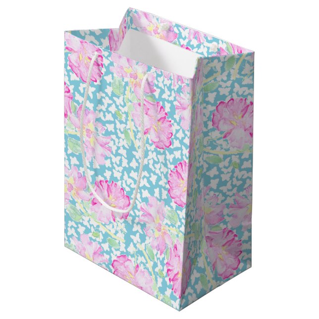 Pink Roses White Butterflies, Blue Medium Gift Bag (Front Angled)