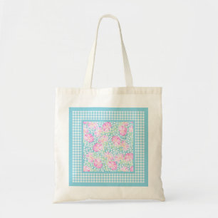 Pink Roses, White Butterflies, Gingham Tote Bag
