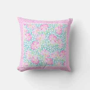 Pink Roses, White Butterflies on Blue, Polka Dots Cushion