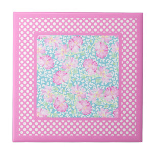Pink Roses White Butterflies Polkas Ceramic Tile