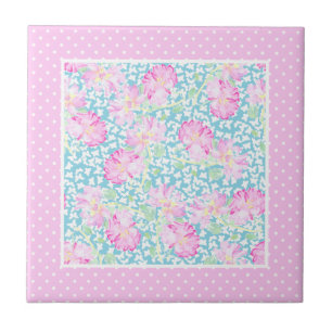 Pink Roses White Butterflies Polkas Ceramic Tile