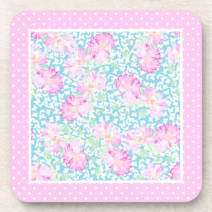 Pink Roses White Butterflies Polkas Coasters Set