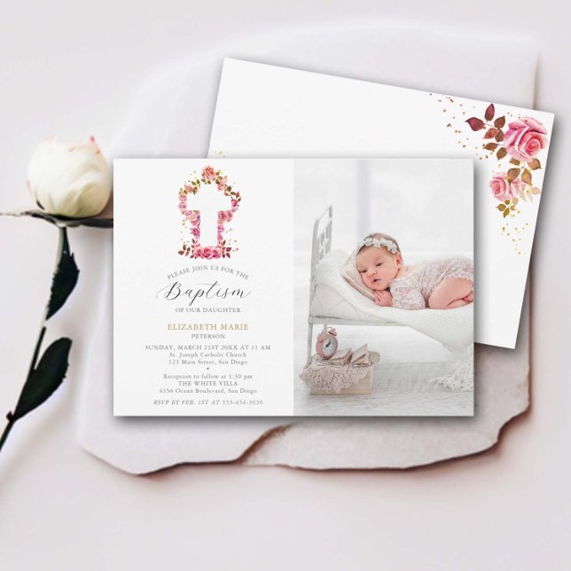 Pink Roses White Cross Baby Toddler Photo Baptism Invitation (pink roses gold glitter white cross baby girl baptism christening invitation photo elegant modern )