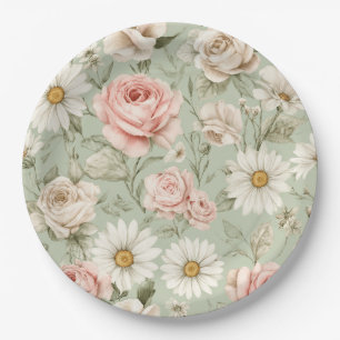 Pink Roses White Daisies Floral  Paper Plate