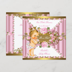 Pink Roses White Gold Princess Baby Shower Blonde Invitation