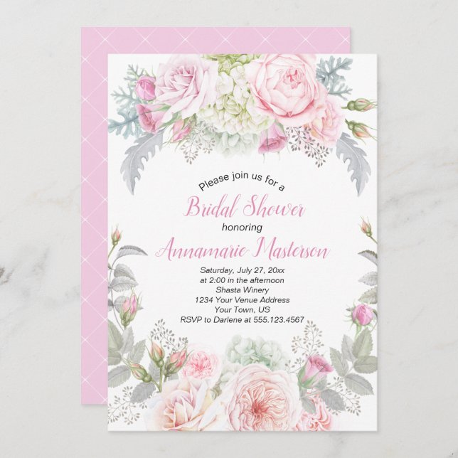 Pink Roses White Hydrangeas Greenery Bridal Shower Invitation (Front/Back)