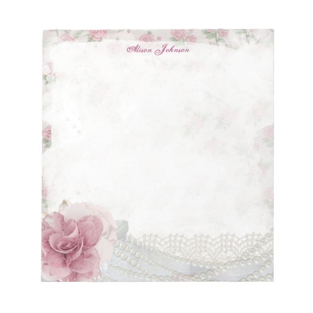 Pink Roses, White Lace and Faux Pearls Notepad (Front)