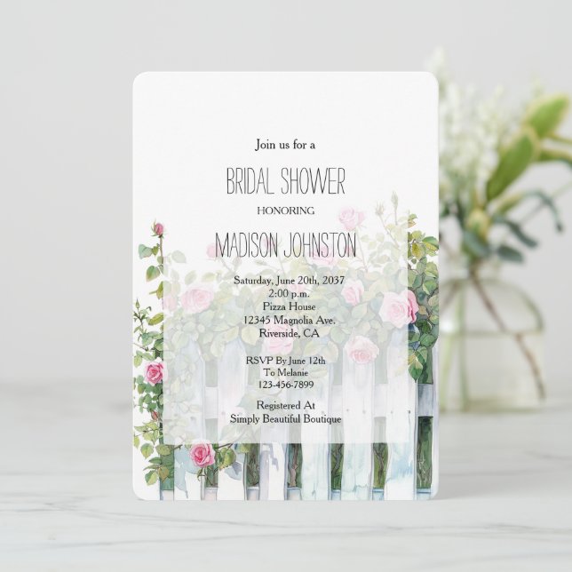 Pink Roses White Picket Fence Bridal Shower Invitation (Standing Front)